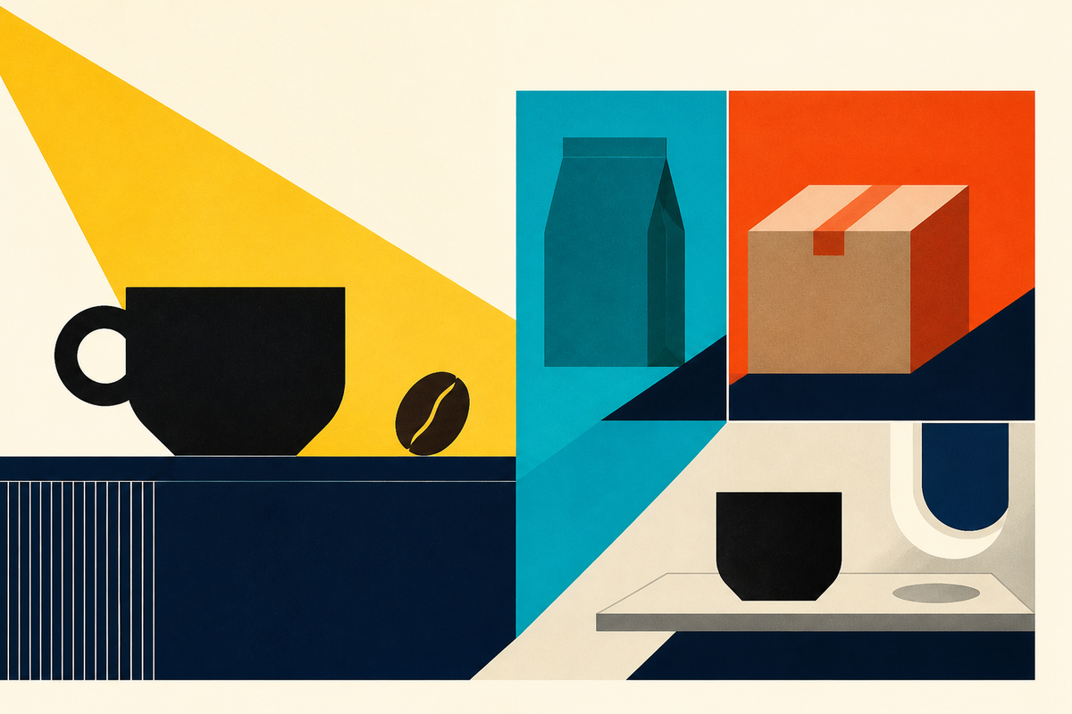 Abstract Swiss-style illustration of coffee moving through cafe, retail, delivery and travel channels
