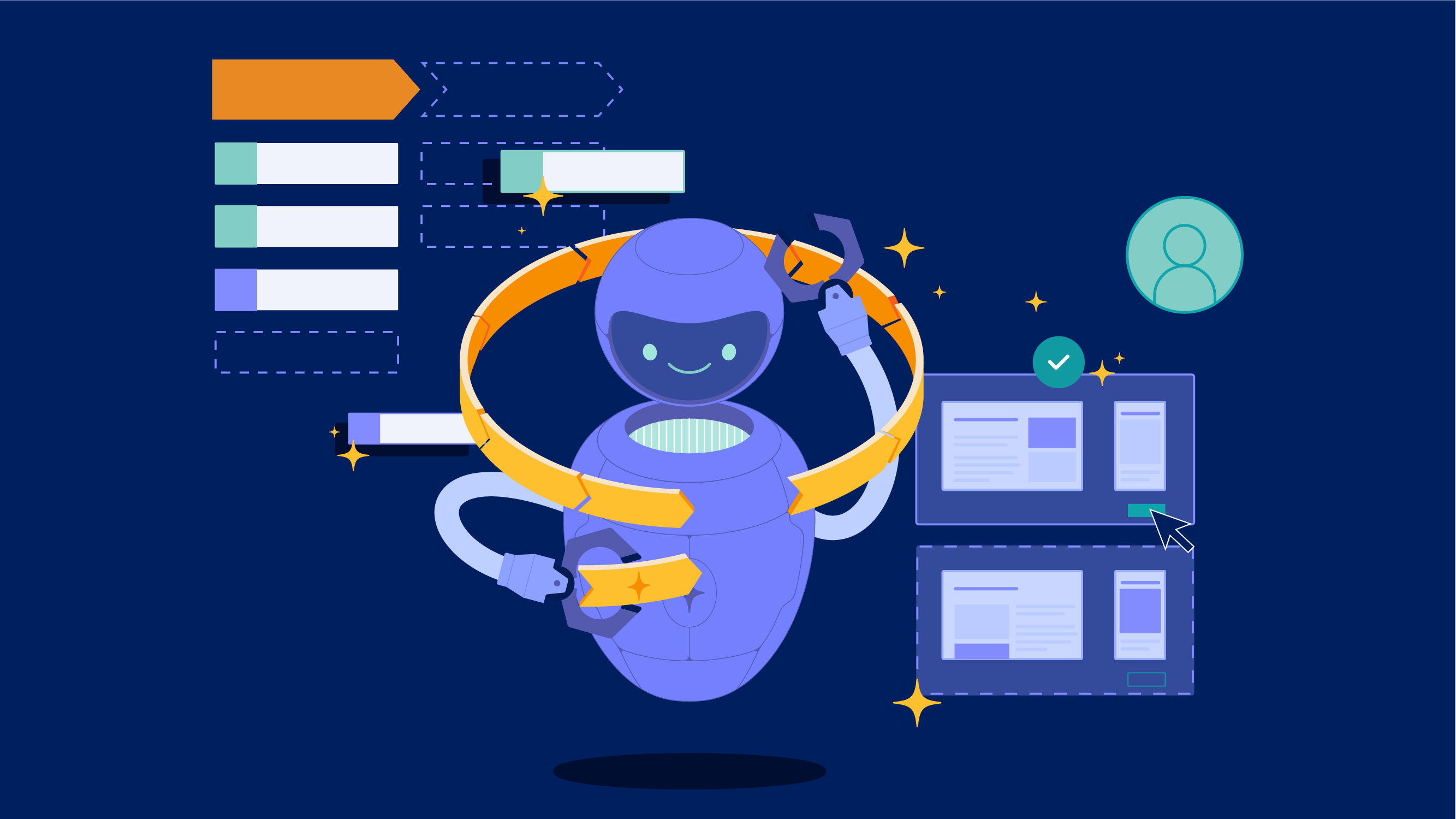 Pega’s Blueprint promotional illustration showing a robot arranging workflow steps