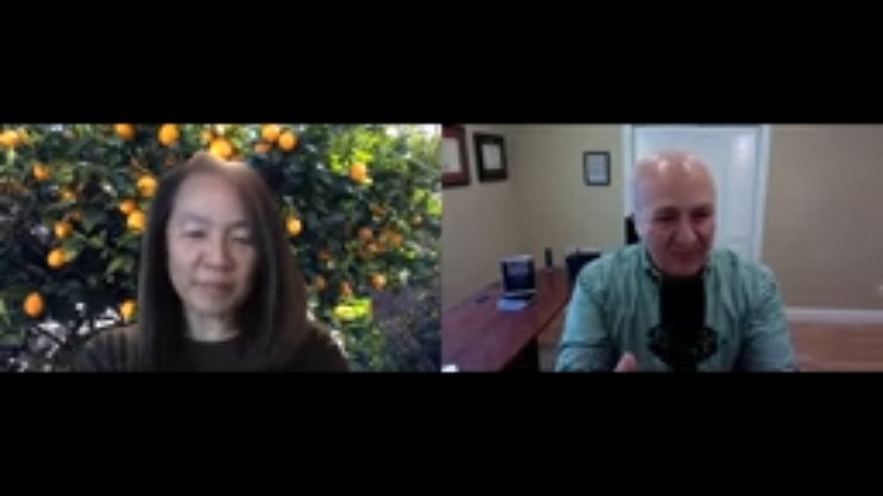 Pek Lum speaking with an interviewer by video, with an orange tree behind her