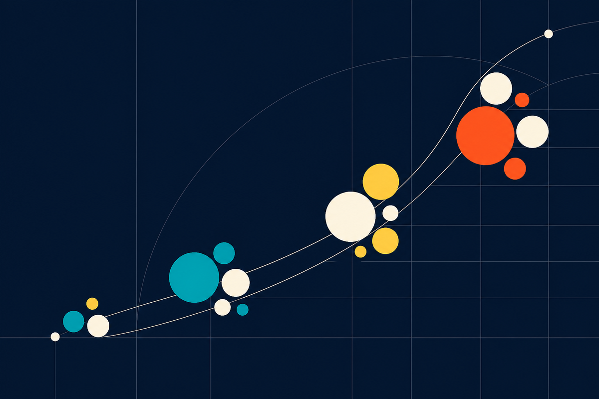 Abstract Swiss-style illustration of coordinated circles moving along a long rising path