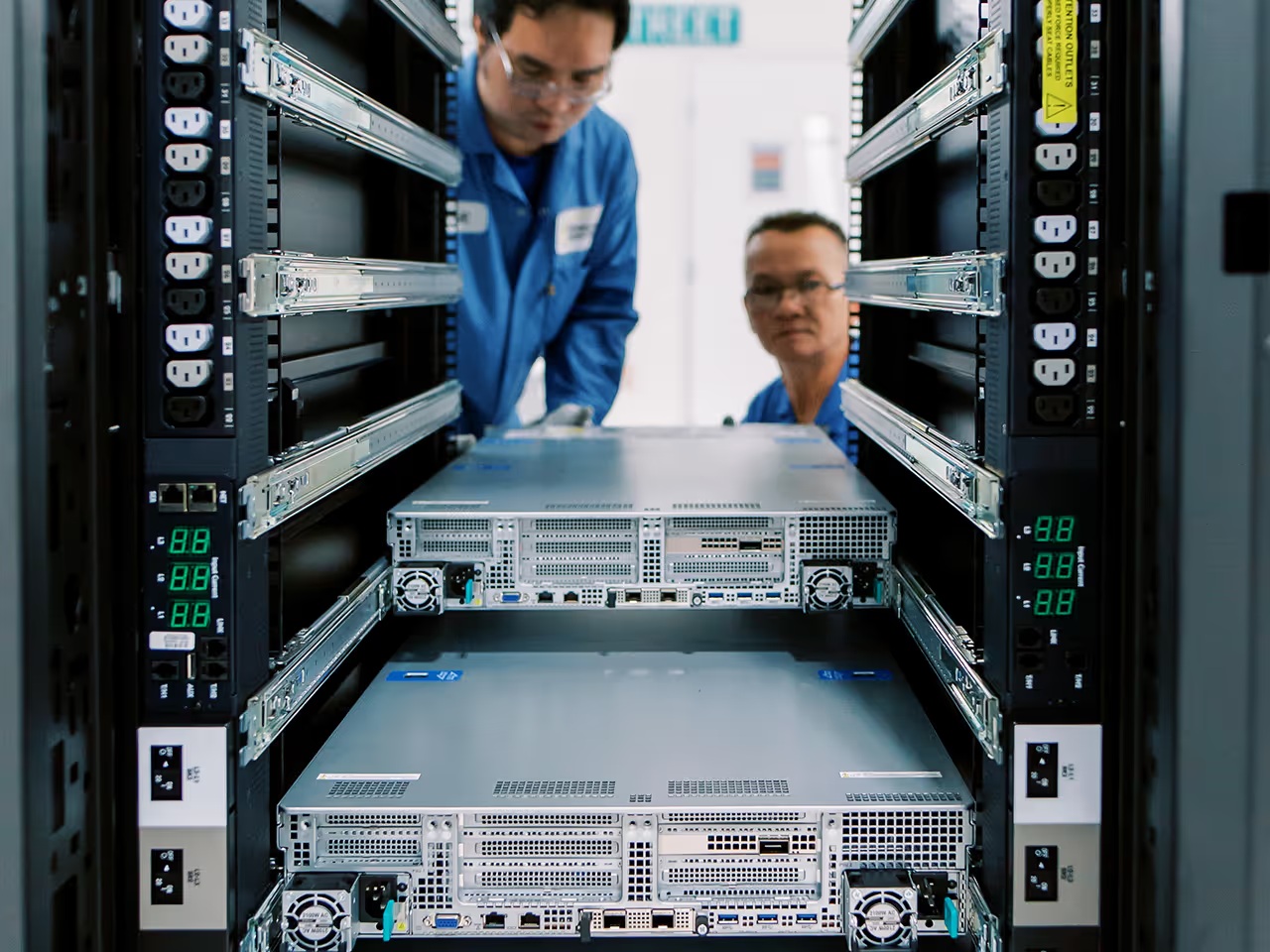 Penguin Solutions lab technician installing equipment in a server rack