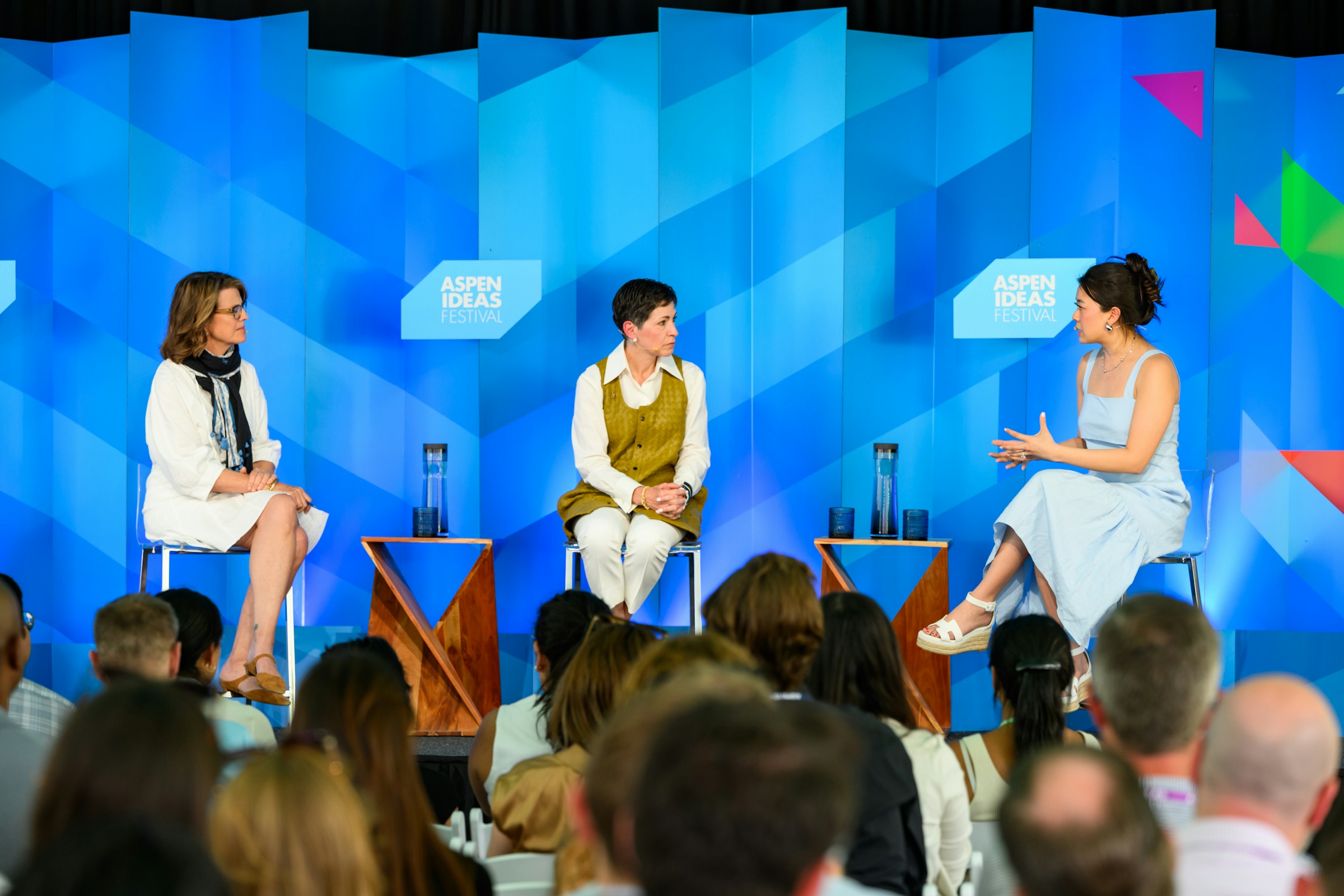 Kelly Corrigan, Penny Pennington and Vivian Tu seated onstage at the Aspen Ideas Festival