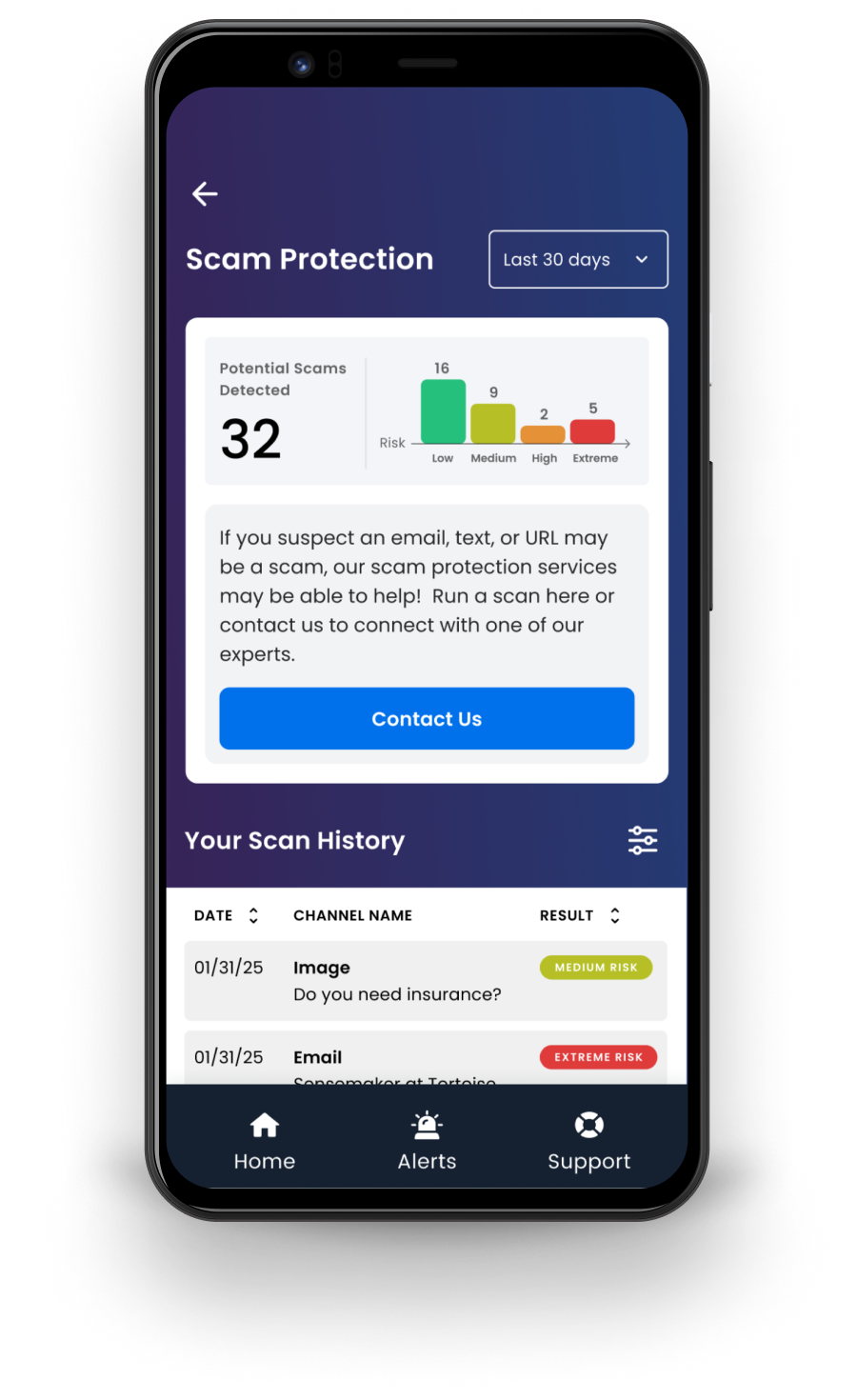 OmniWatch promotional phone screen showing scam risk categories and scan history with illustrative sample data