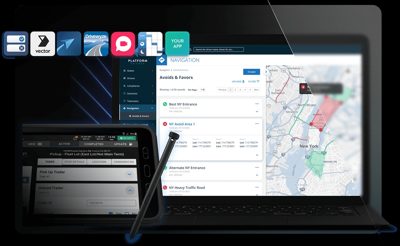 Platform Science product illustration showing fleet navigation software on a laptop and driver workflow on a tablet