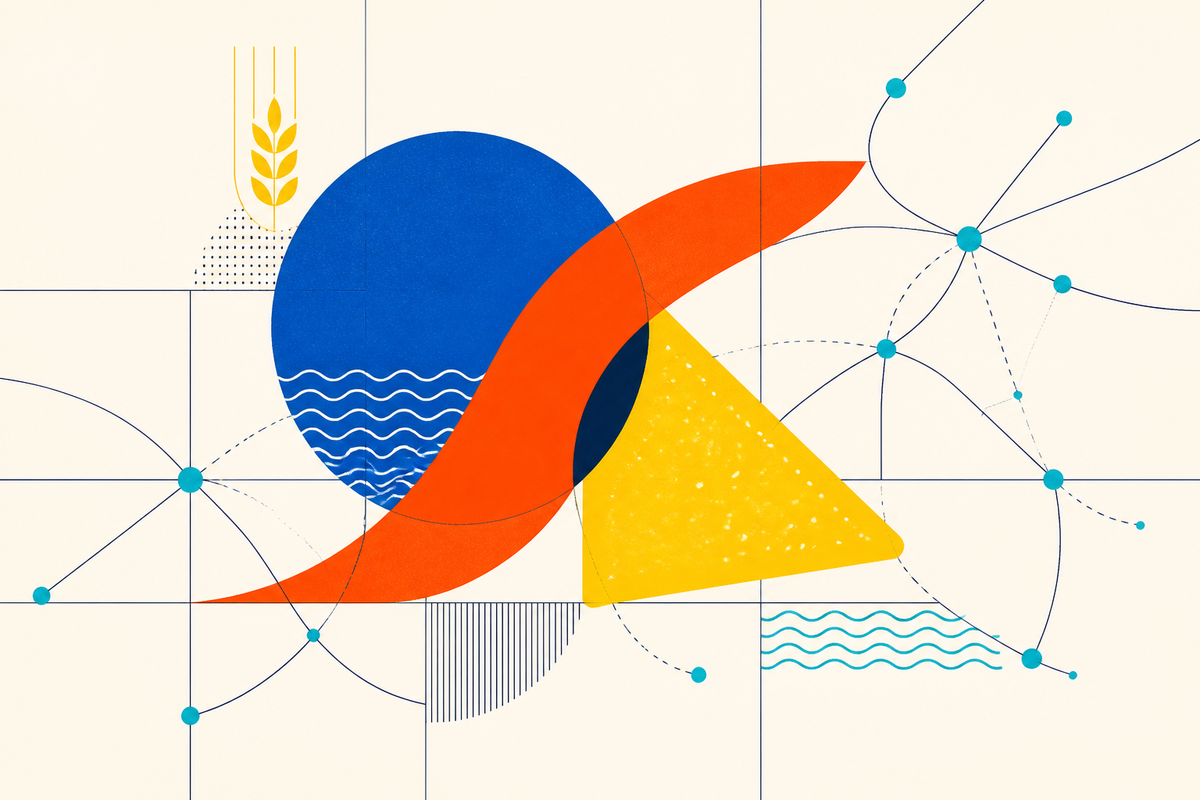 Abstract geometric illustration of a beverage circle, snack triangle and branching distribution routes