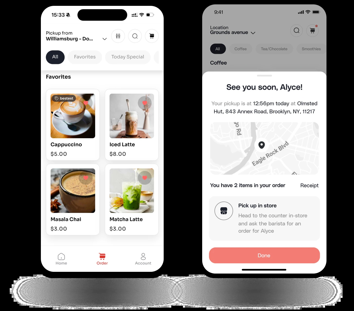 Per Diem product screens showing a café menu and pickup confirmation