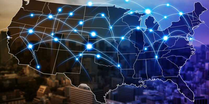 Digital map of the United States connected by glowing network routes