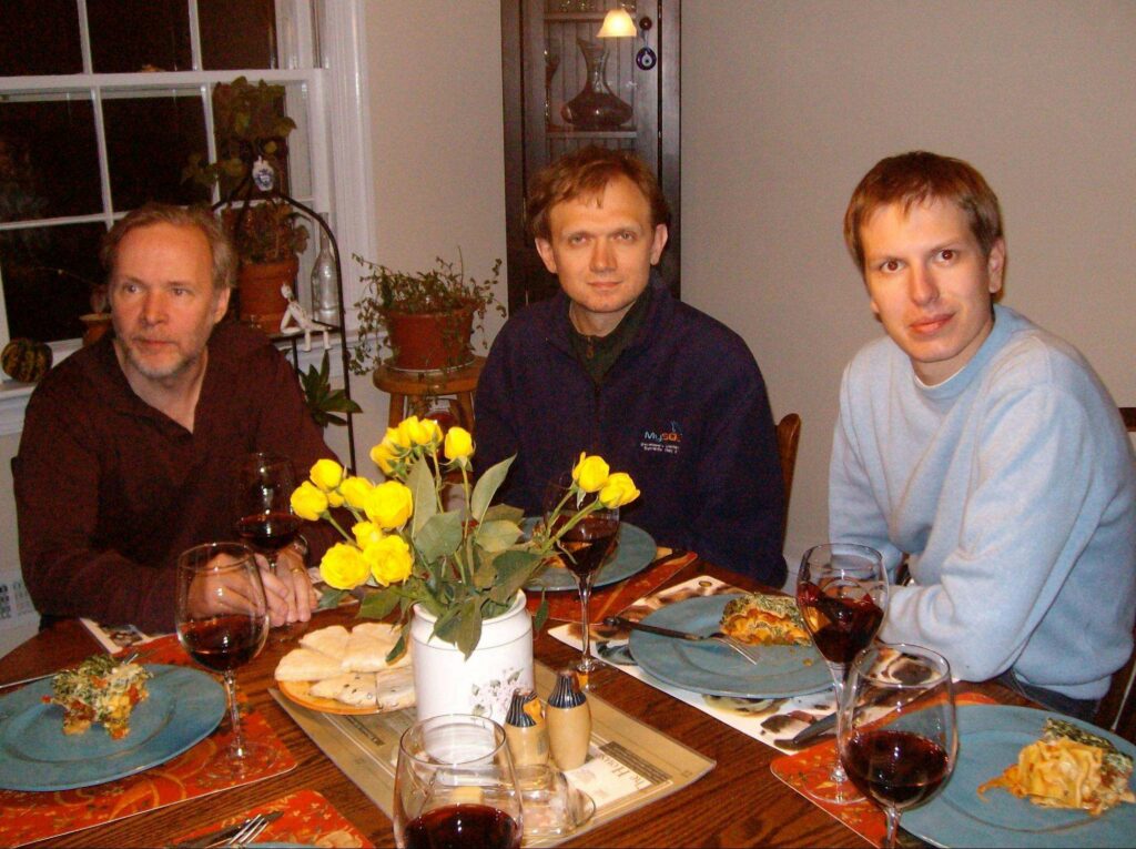 Monty Widenius, Vadim Tkachenko and Peter Zaitsev sharing dinner in 2008