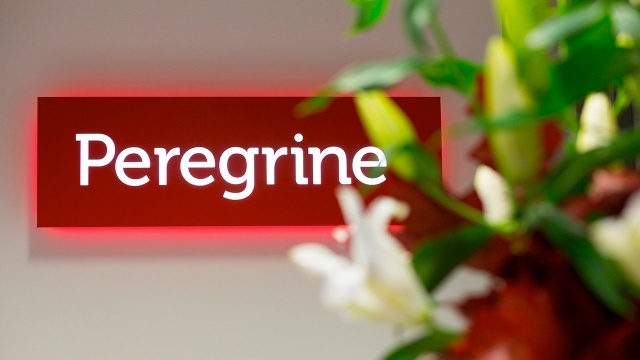 The red Peregrine sign inside the company's London office
