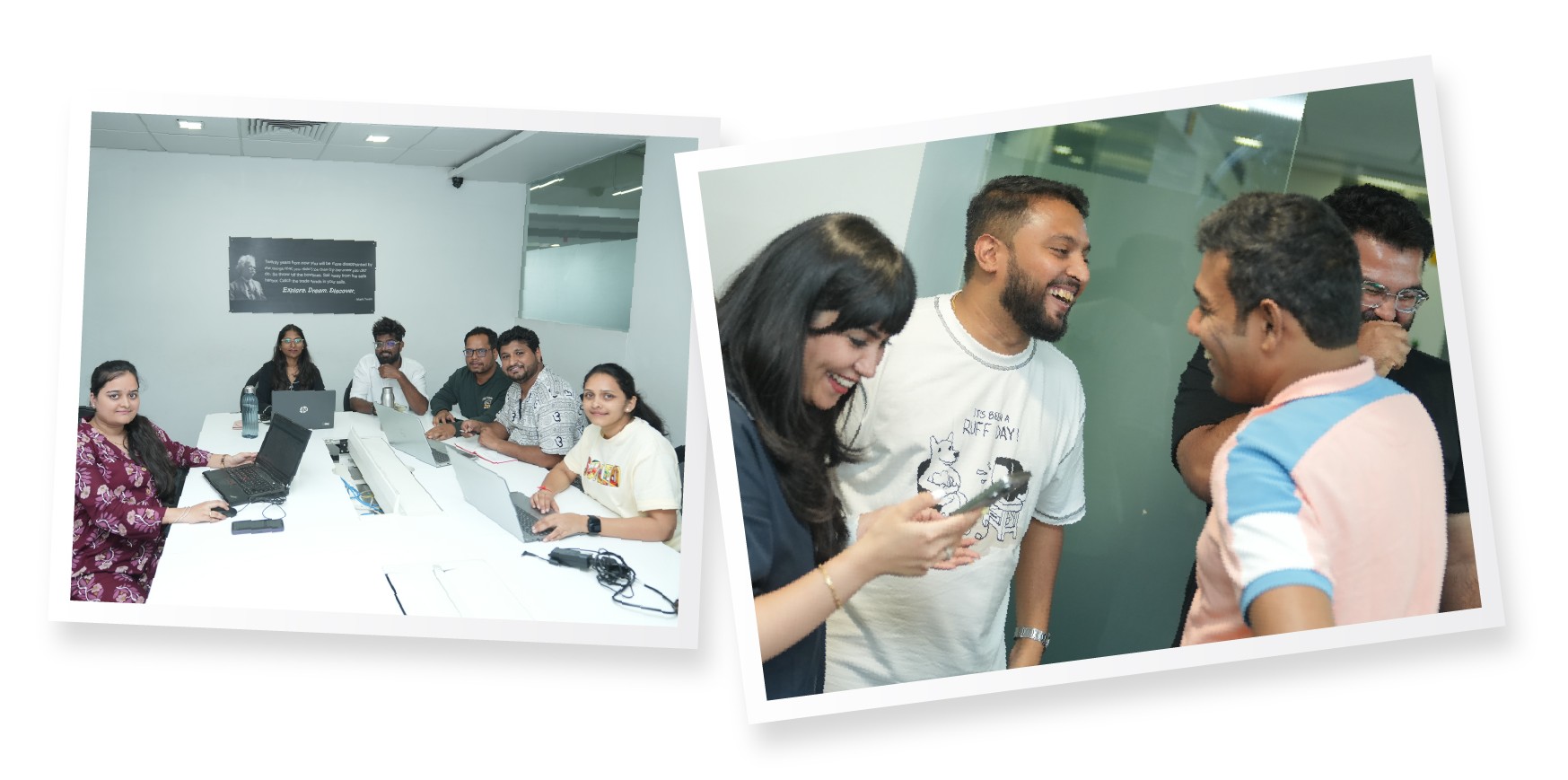 A company-published collage of Perennial colleagues around laptops and laughing together during Stack Week.