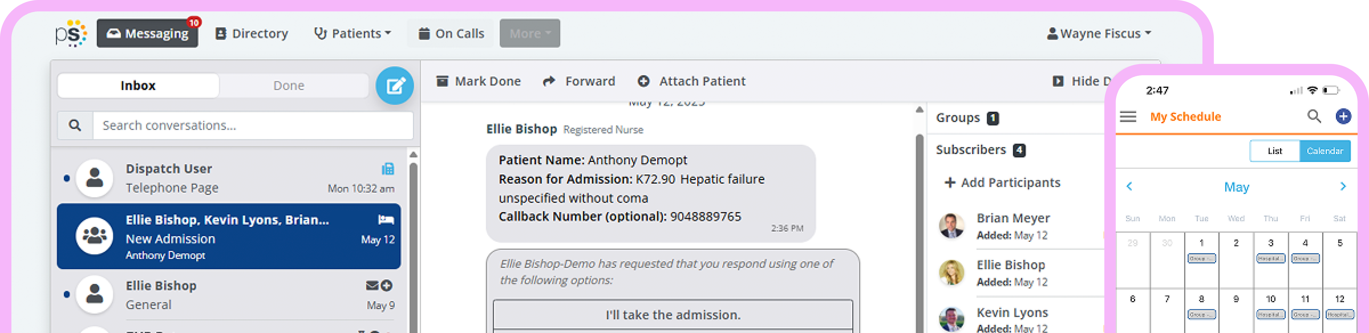 PerfectServe marketing screenshot showing a patient admission request and scheduling interface