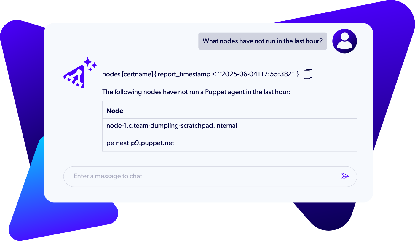 Puppet Infra Assistant example interface showing natural-language conversation about infrastructure