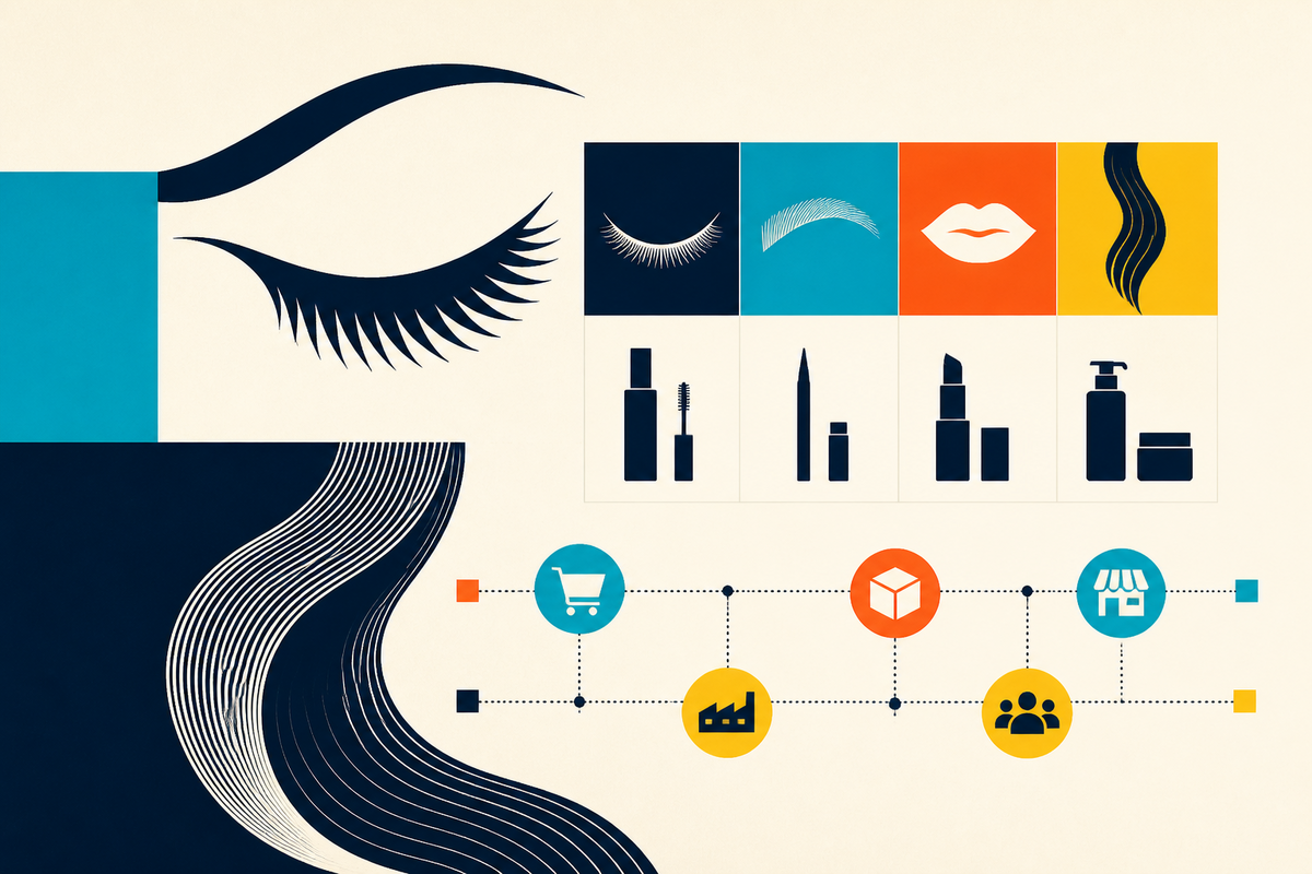 Abstract Swiss-style composition connecting eye, lip and hair forms with retail, manufacturing and community symbols