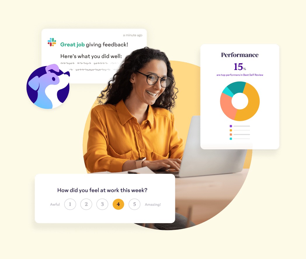 Official 15Five product collage showing feedback, engagement and performance views