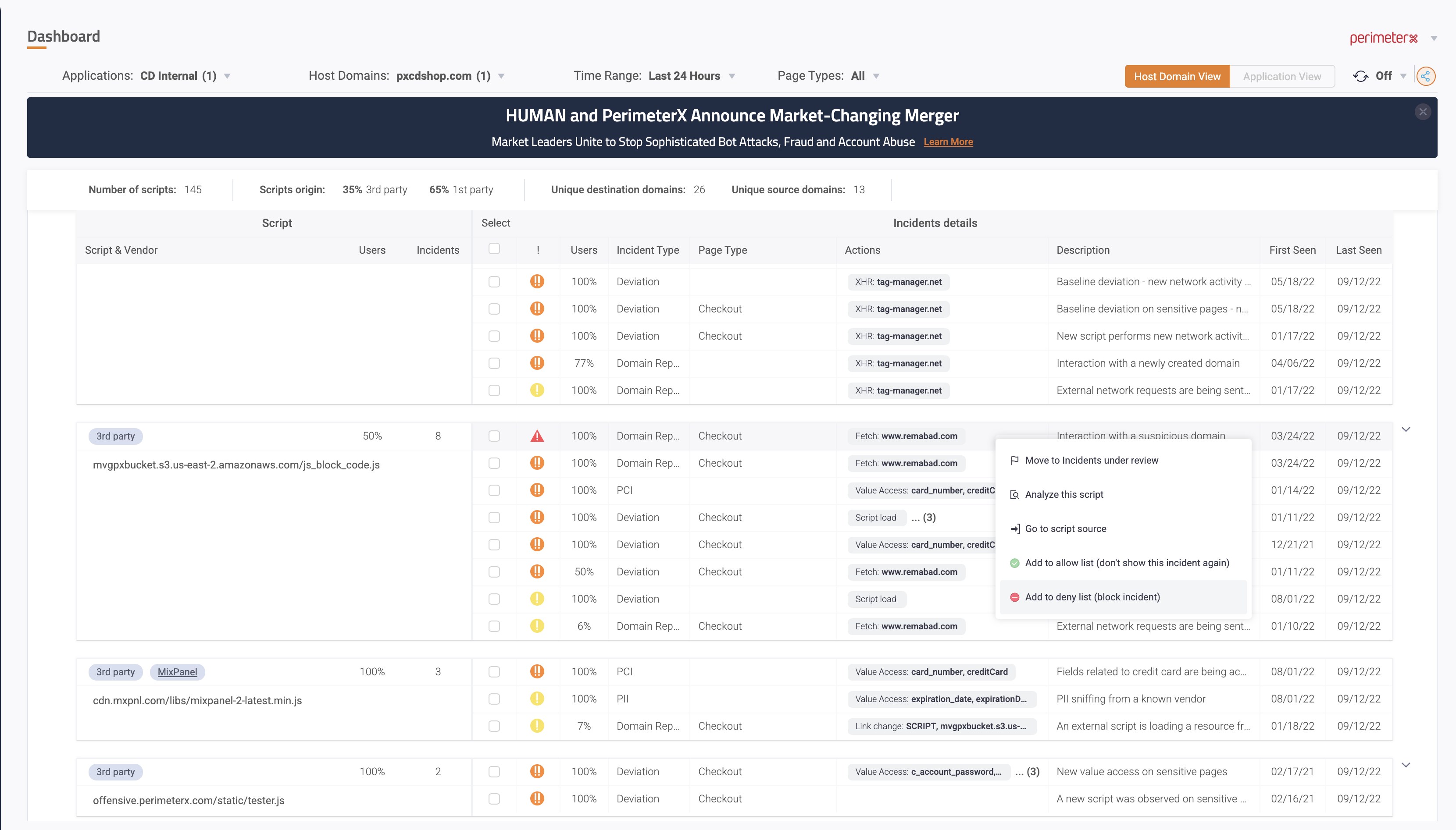 HUMAN Code Defender dashboard showing client-side scripts, incidents and page activity