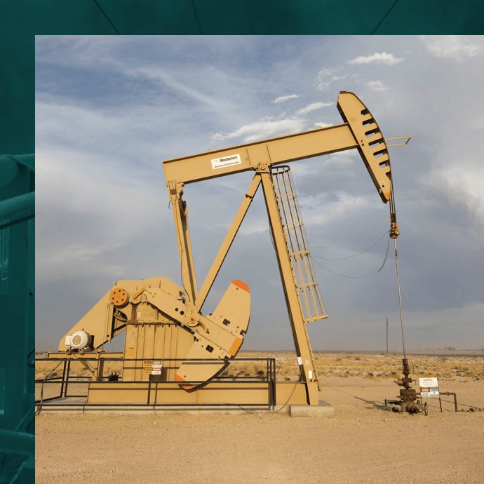 A yellow pumpjack in a Permian Resources operations image, framed by a dark green graphic