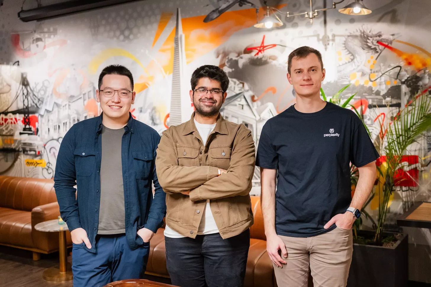Perplexity co-founders Johnny Ho, Aravind Srinivas and Denis Yarats standing together