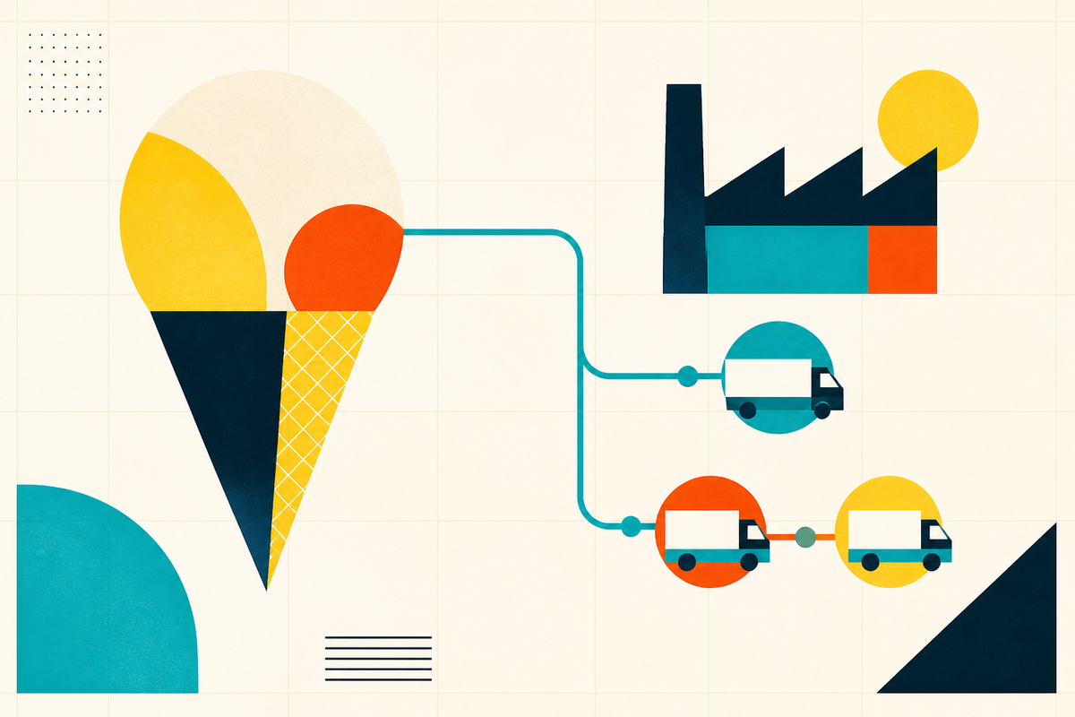 Geometric Swiss-style illustration connecting ice cream, a factory and refrigerated trucks