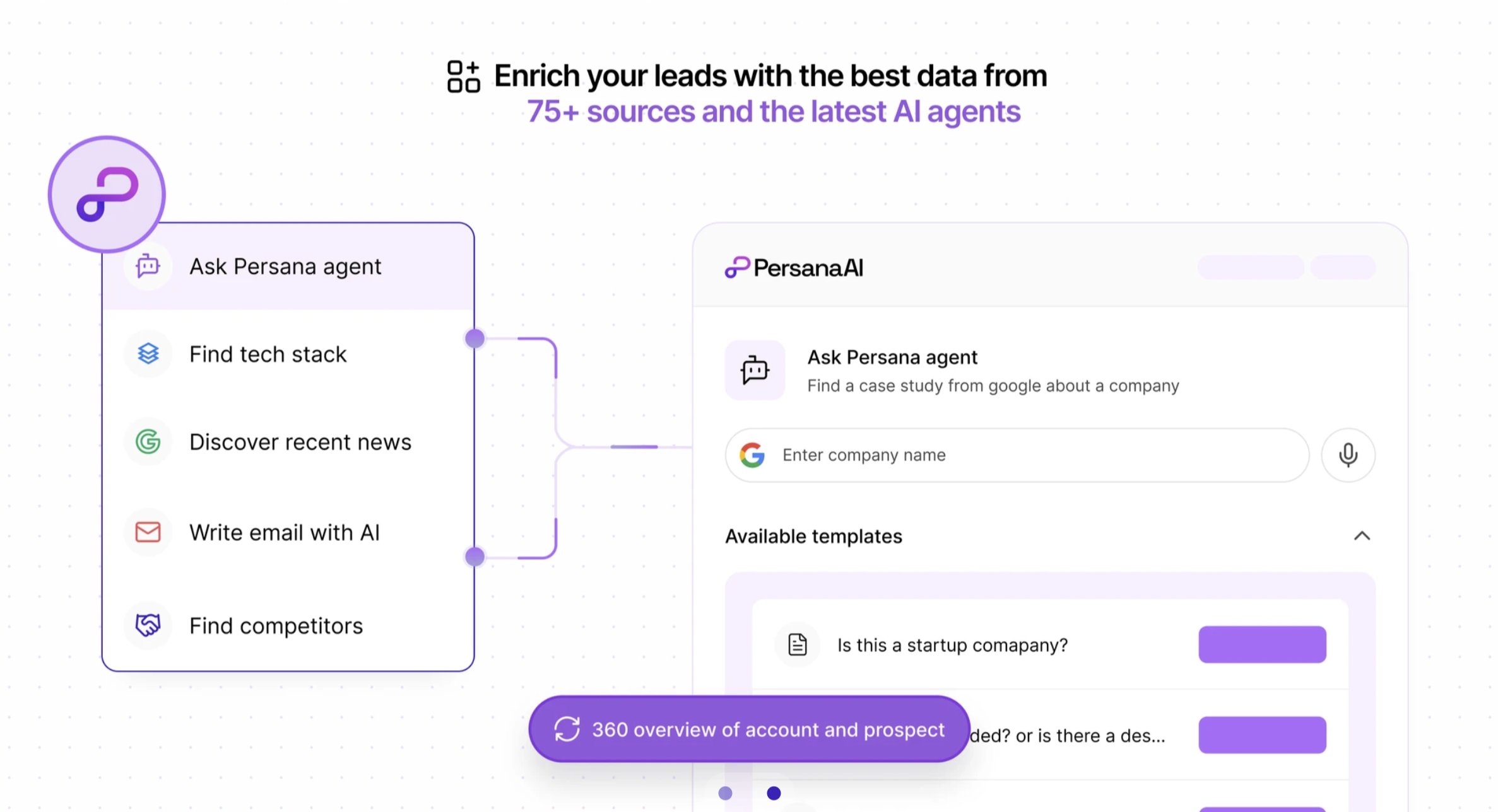 Persana AI research agent interface showing company research tasks and templates