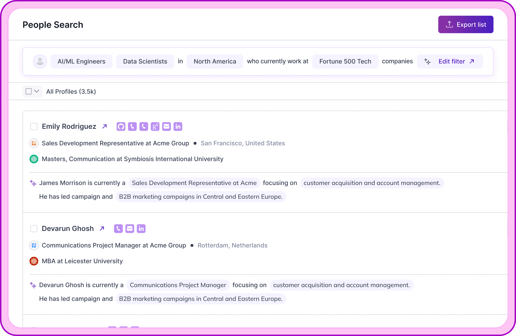 Persana AI people search interface with filters and prospect records