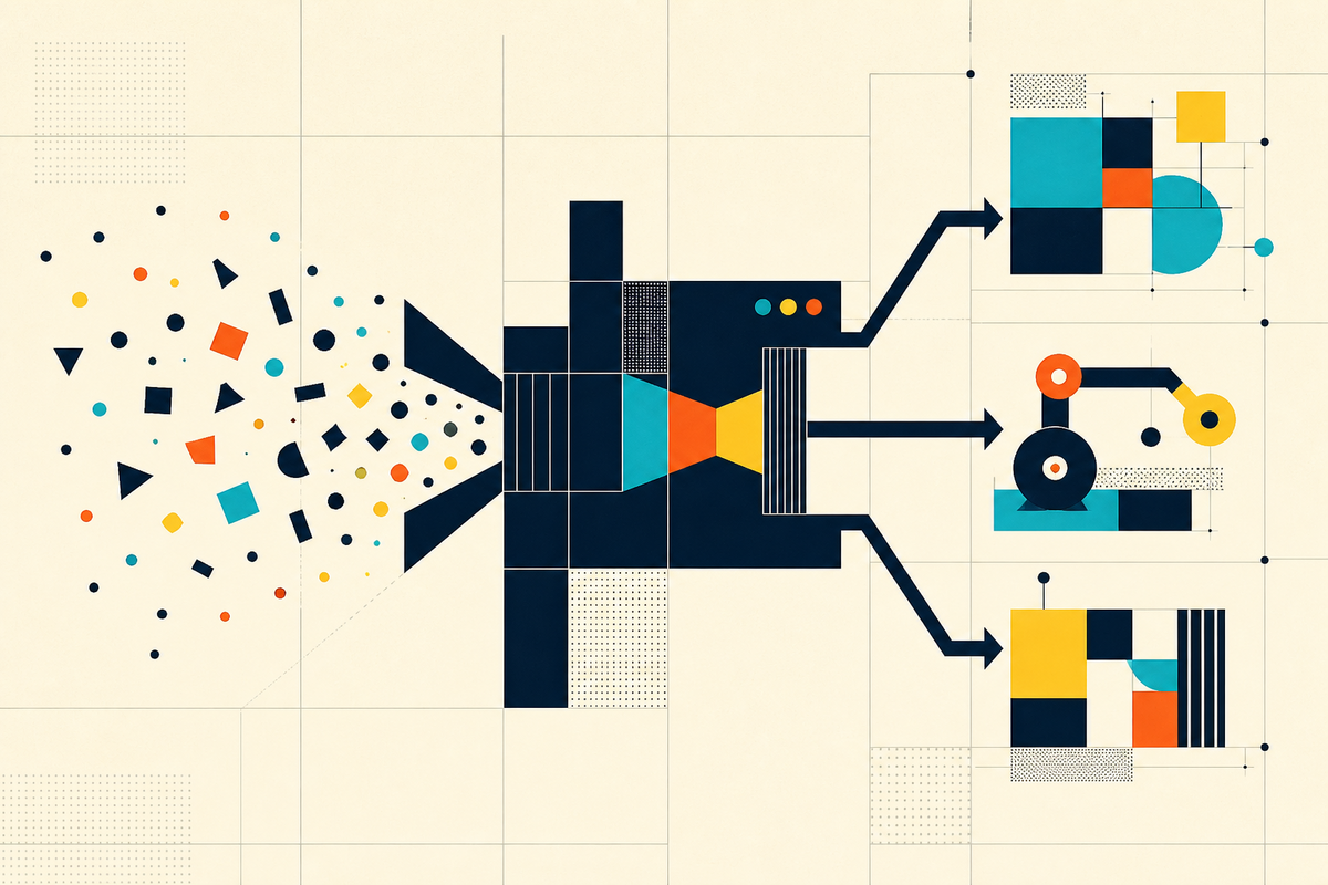 Abstract Swiss-style illustration of many ideas passing through a structured venture-building system and emerging as three companies