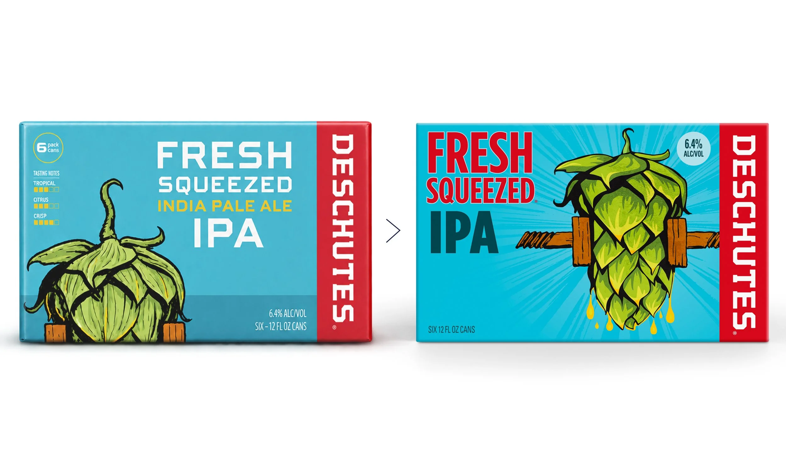 Two Deschutes Fresh Squeezed IPA packages showing changes to typography and hop illustration