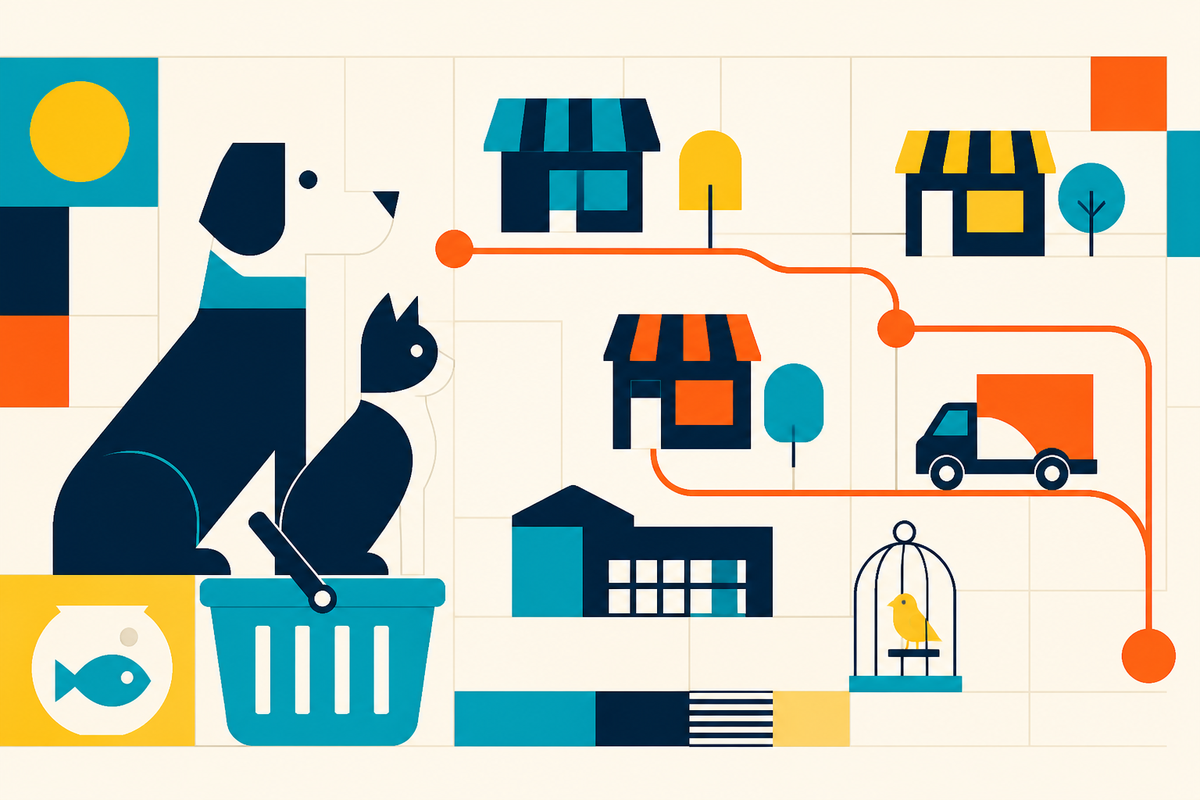 Abstract Swiss-style illustration of pets, neighborhood stores and a delivery network