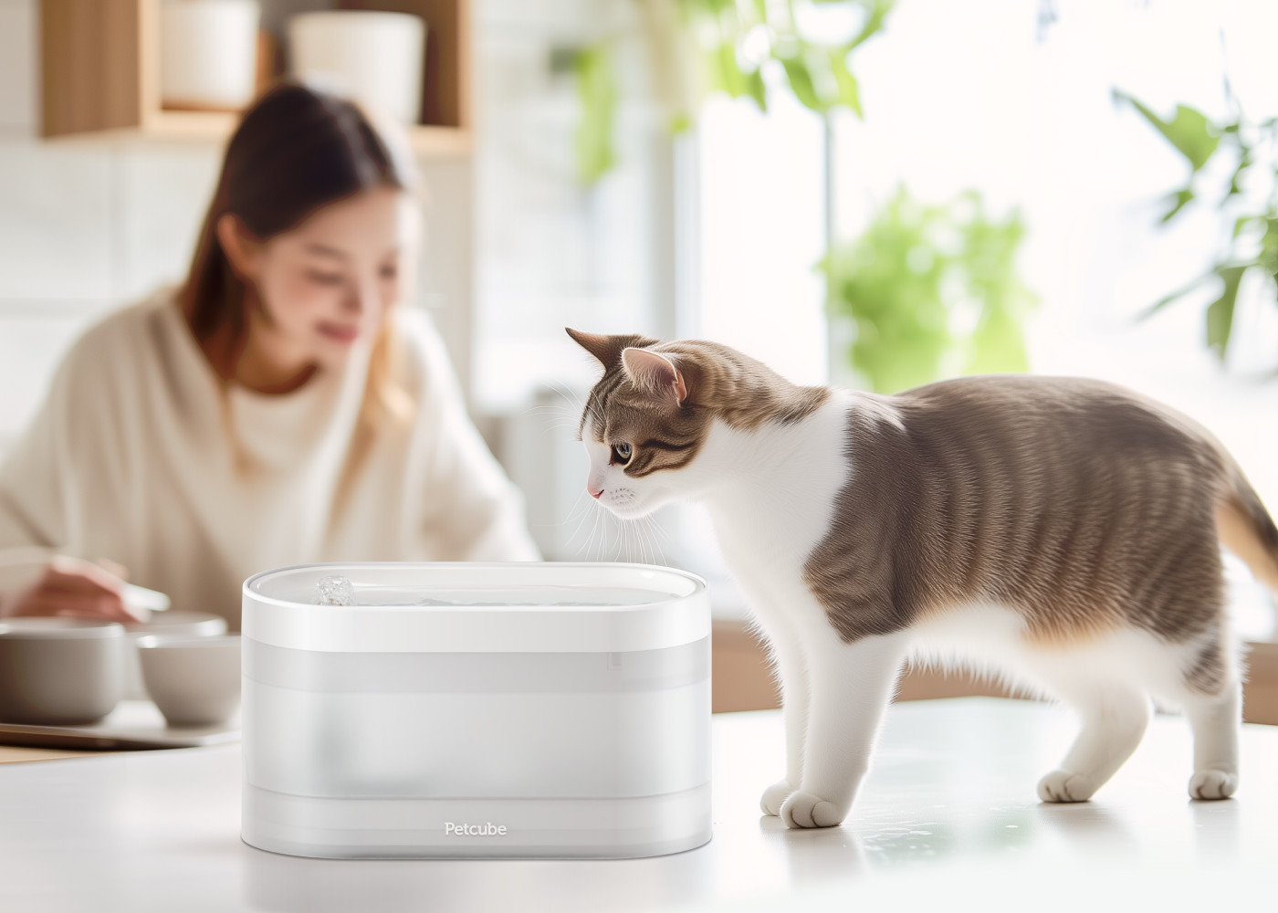 Cat beside a Petcube water fountain
