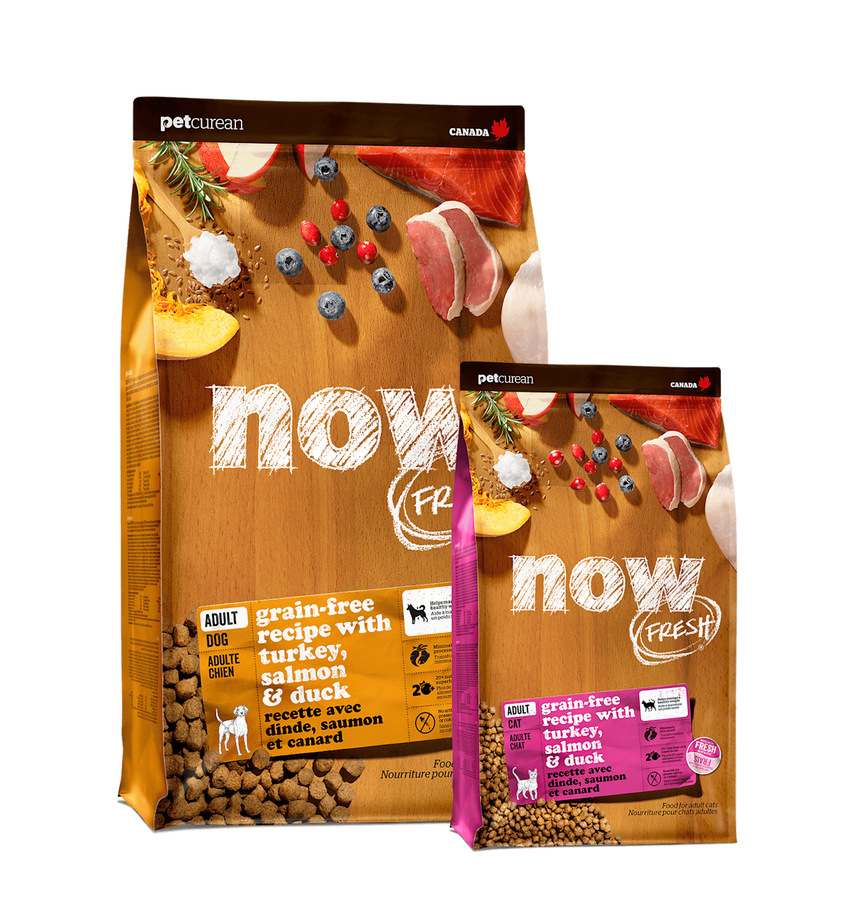 Now Fresh dry pet-food bags arranged together