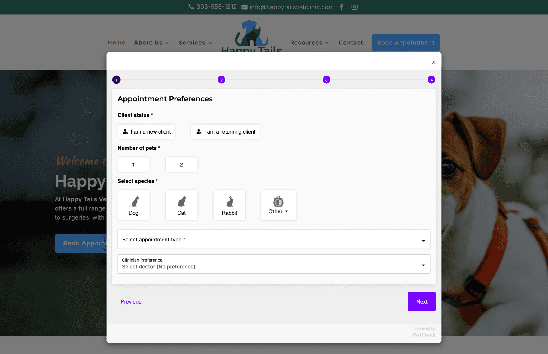 PetDesk online booking screen over a veterinary clinic website