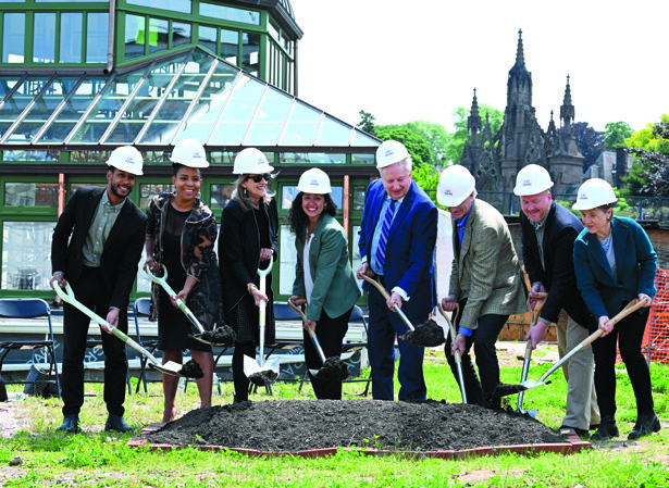 Peter Davidson joins Green-Wood leaders and New York officials, wearing hard hats and holding shovels at the May 2023 groundbreaking.