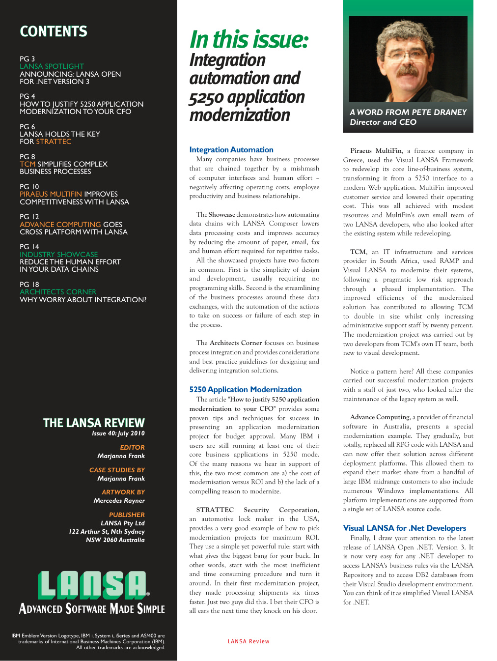 Full page of Peter Draney’s July 2010 LANSA Review editorial about integration and application modernization