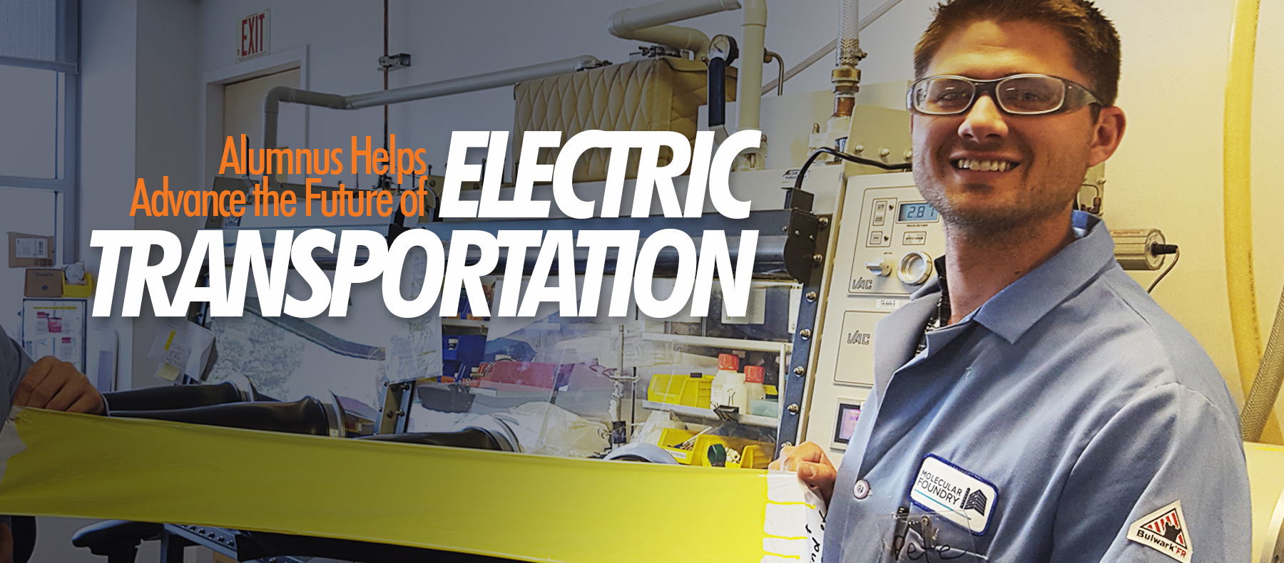 Peter Frischmann in laboratory safety glasses holding a sheet of material; Idaho State’s 2017 magazine graphic