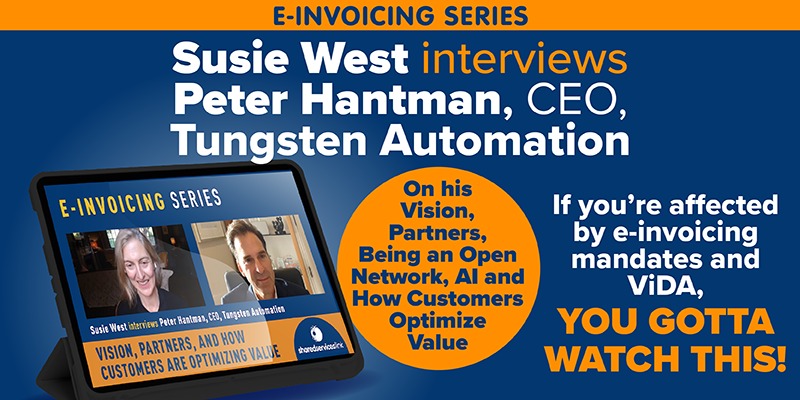 Interview graphic showing Susie West and Peter Hantman discussing e-invoicing