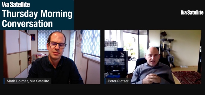 Mark Holmes, at left, interviewing Peter Platzer, at right, by video in July 2020