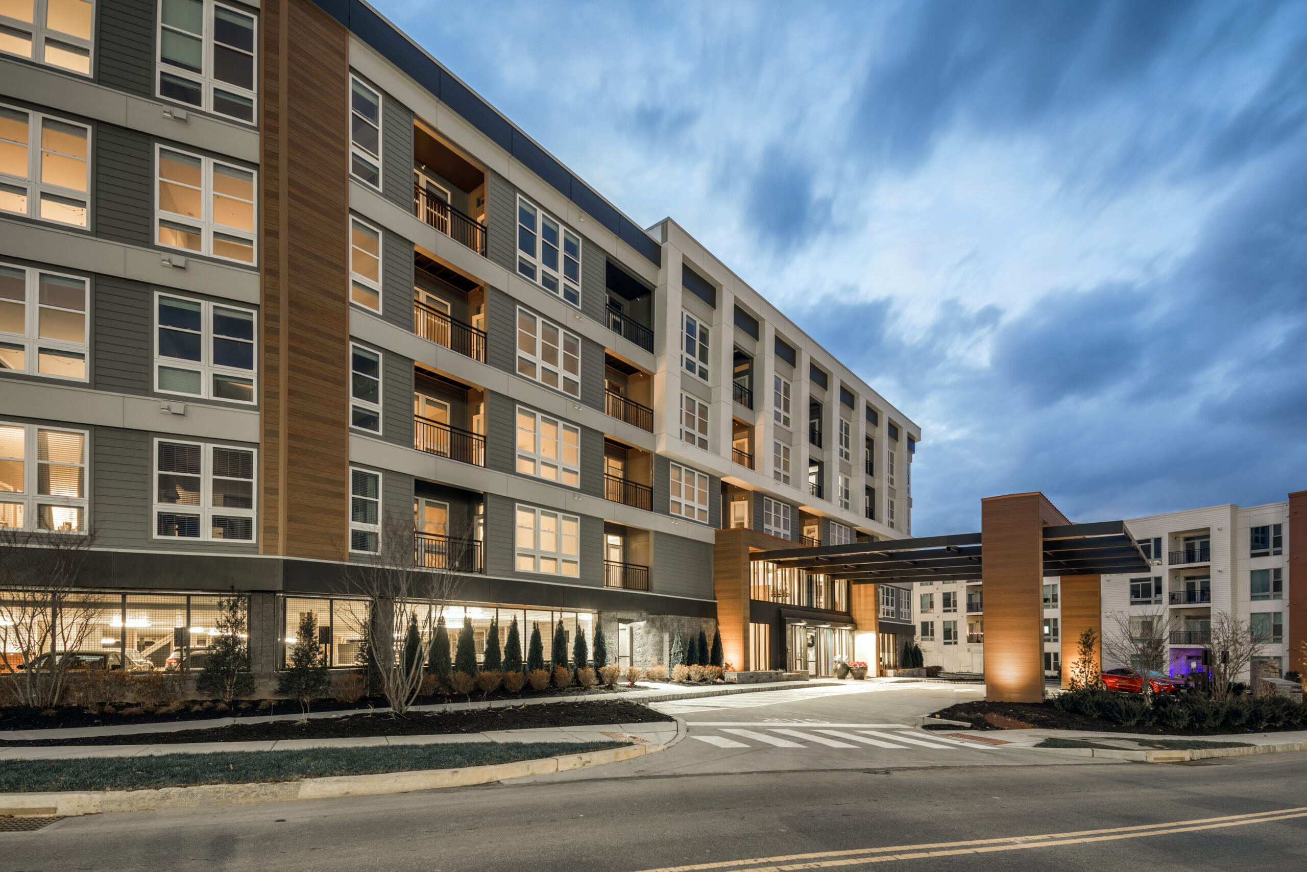 Canvas Valley Forge apartment buildings at dusk in King of Prussia, Pennsylvania
