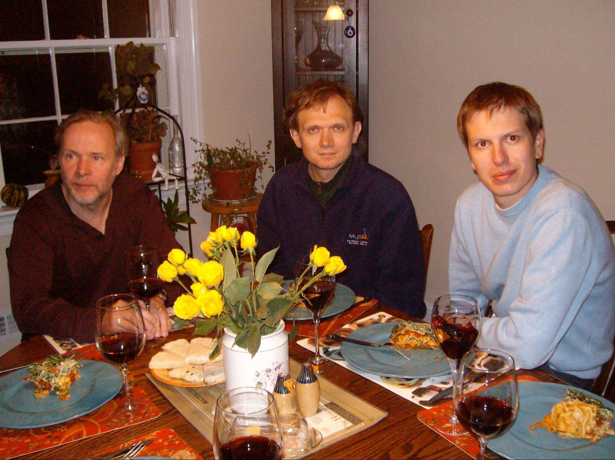 Monty Widenius, Vadim Tkachenko and Peter Zaitsev seated around a dinner table in 2008