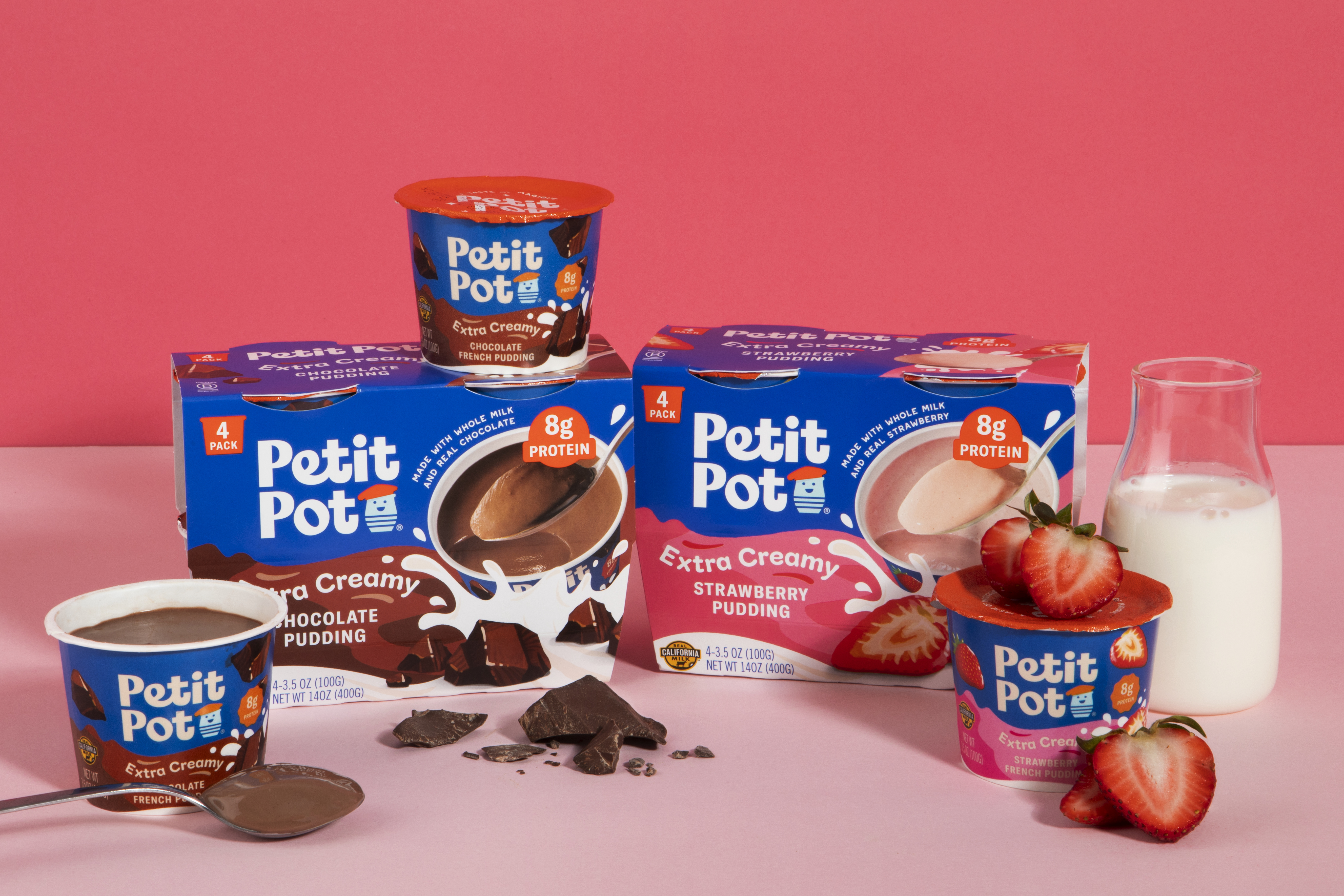 Petit Pot chocolate and strawberry protein pudding four-packs with milk, chocolate and strawberries