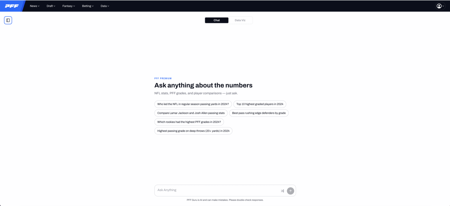 PFF Guru conversational interface answering a football data question