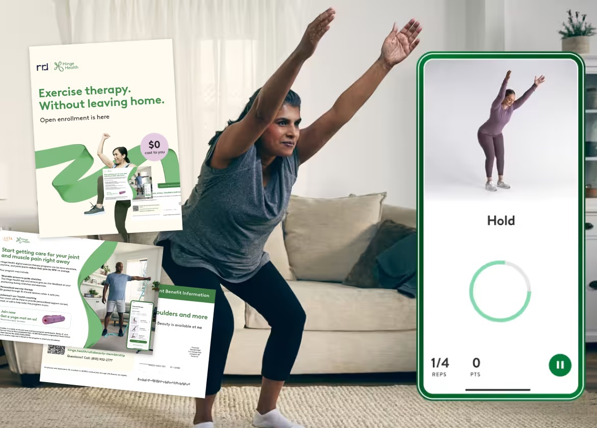 Examples of Hinge Health printed enrollment mailers presented by PFL