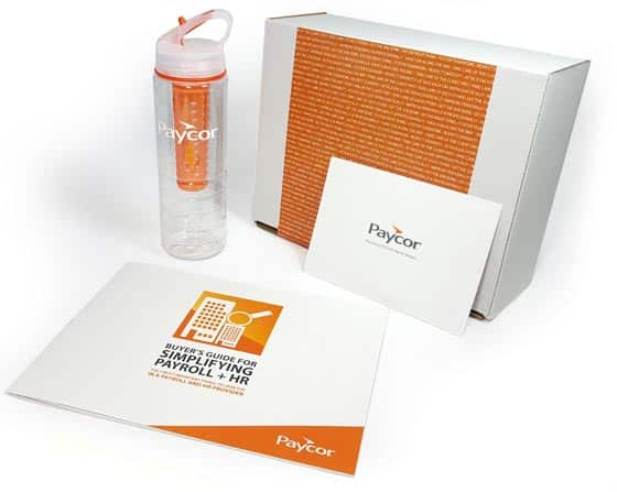 Paycor branded direct mail kit and printed materials shown in PFL's customer story