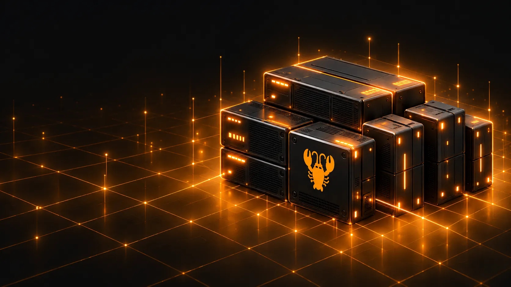 Official Obstor illustration of an orange-lit storage cluster carrying a lobster emblem