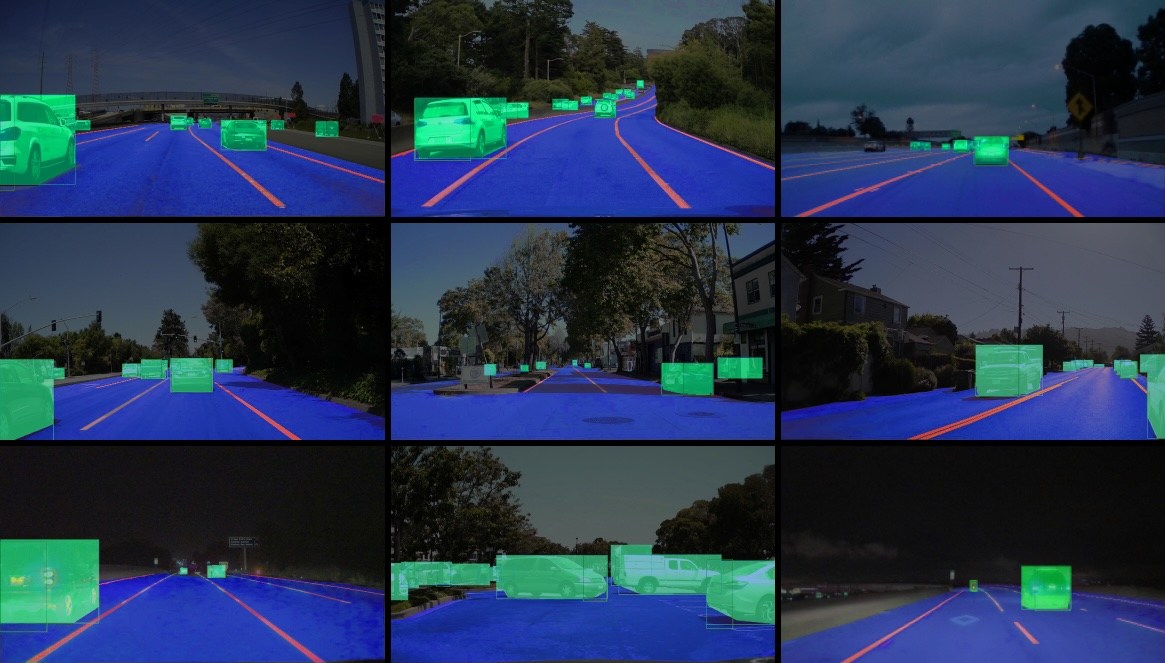 Nine road scenes processed by Phantom AI computer vision, with vehicles highlighted and drivable space colored blue