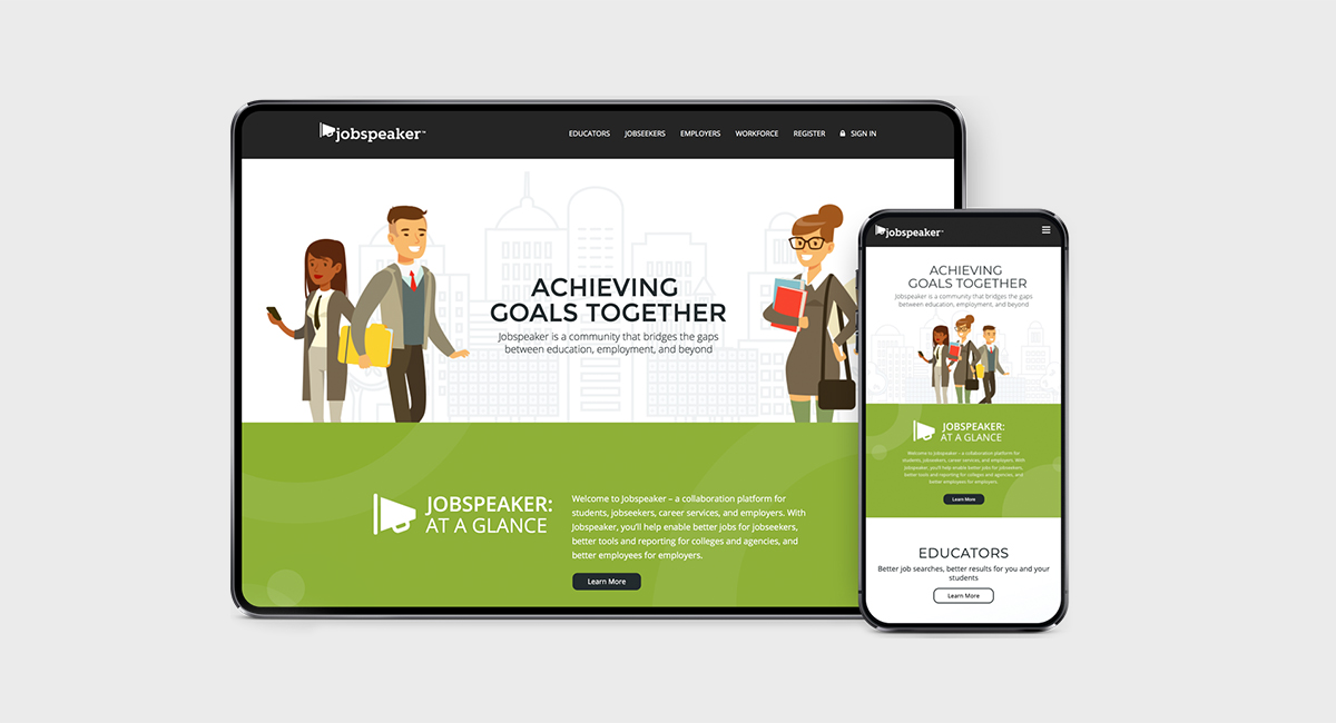 Desktop, tablet and phone presentations of the Jobspeaker website designed by Phantom