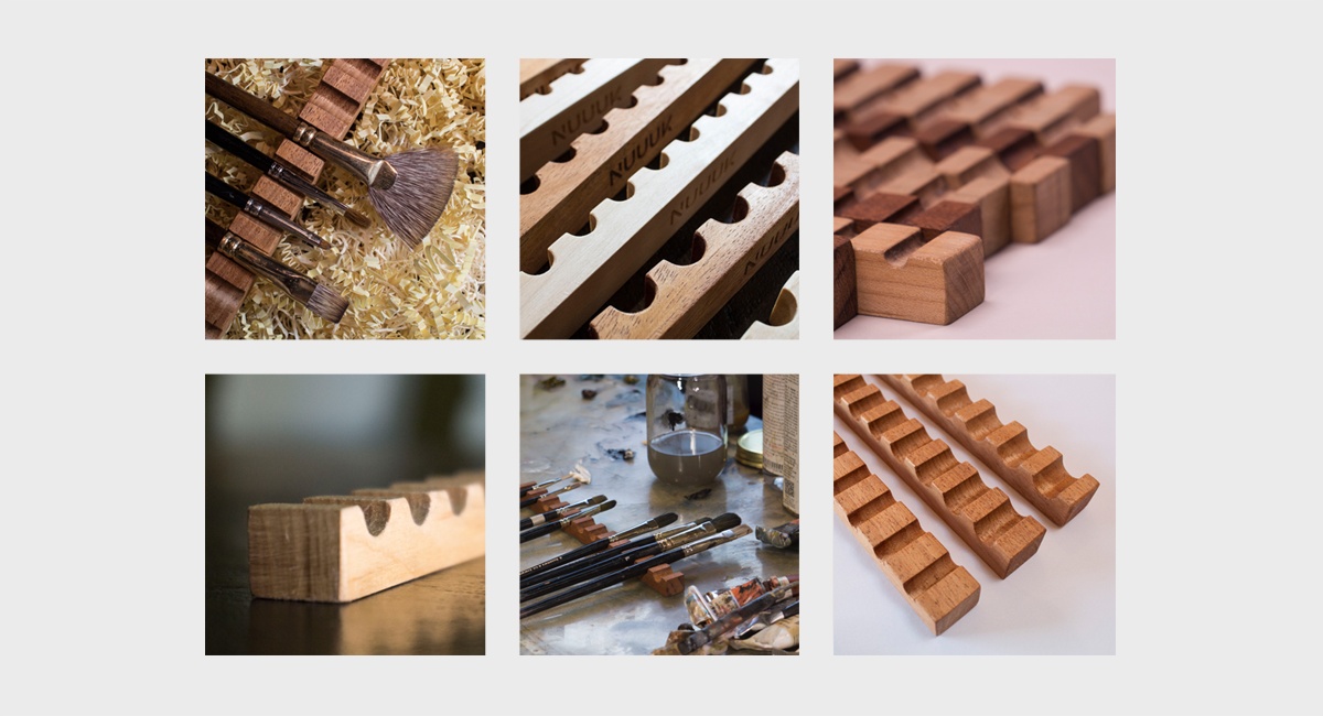 Six portfolio photographs of NUUUK wooden brush holders, including brushes resting in the slots