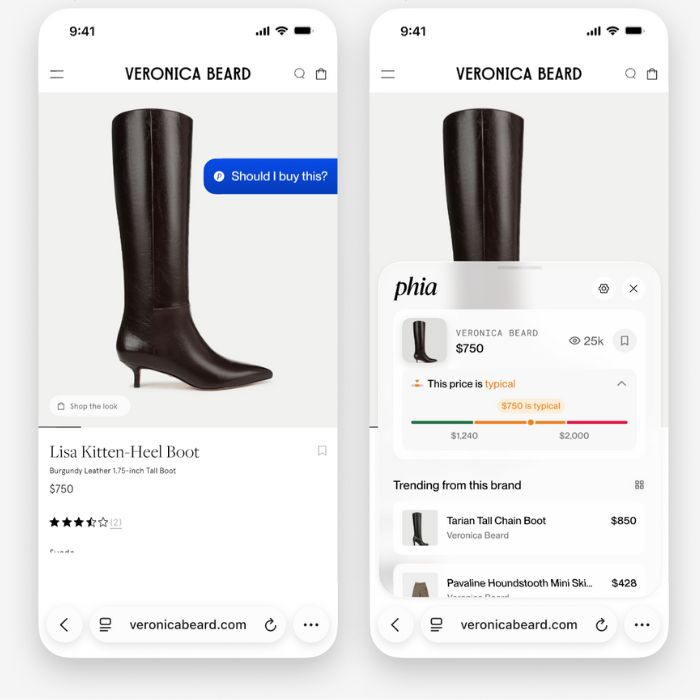 Phia product screens comparing and evaluating prices for Veronica Beard boots