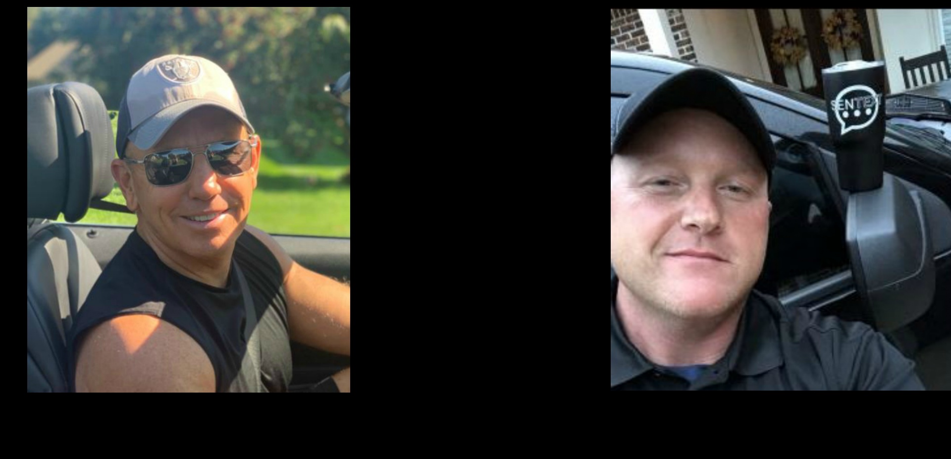 A SenText promotional composite of Phil Ludwig and Bo Cain in open-top cars.