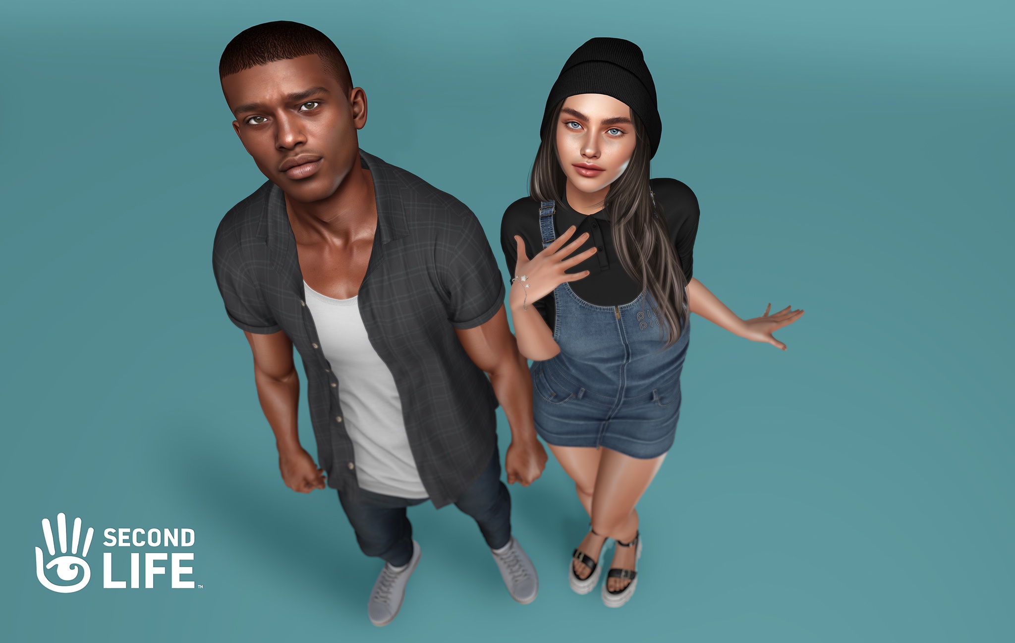 Second Life promotional image showing two avatars in casual clothing
