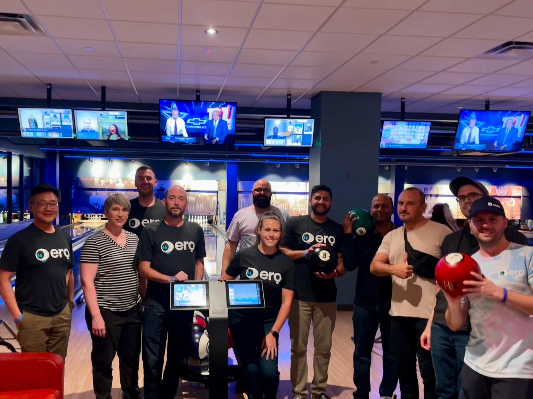 Phillip Liu, at left, with the Trustero team during a bowling outing