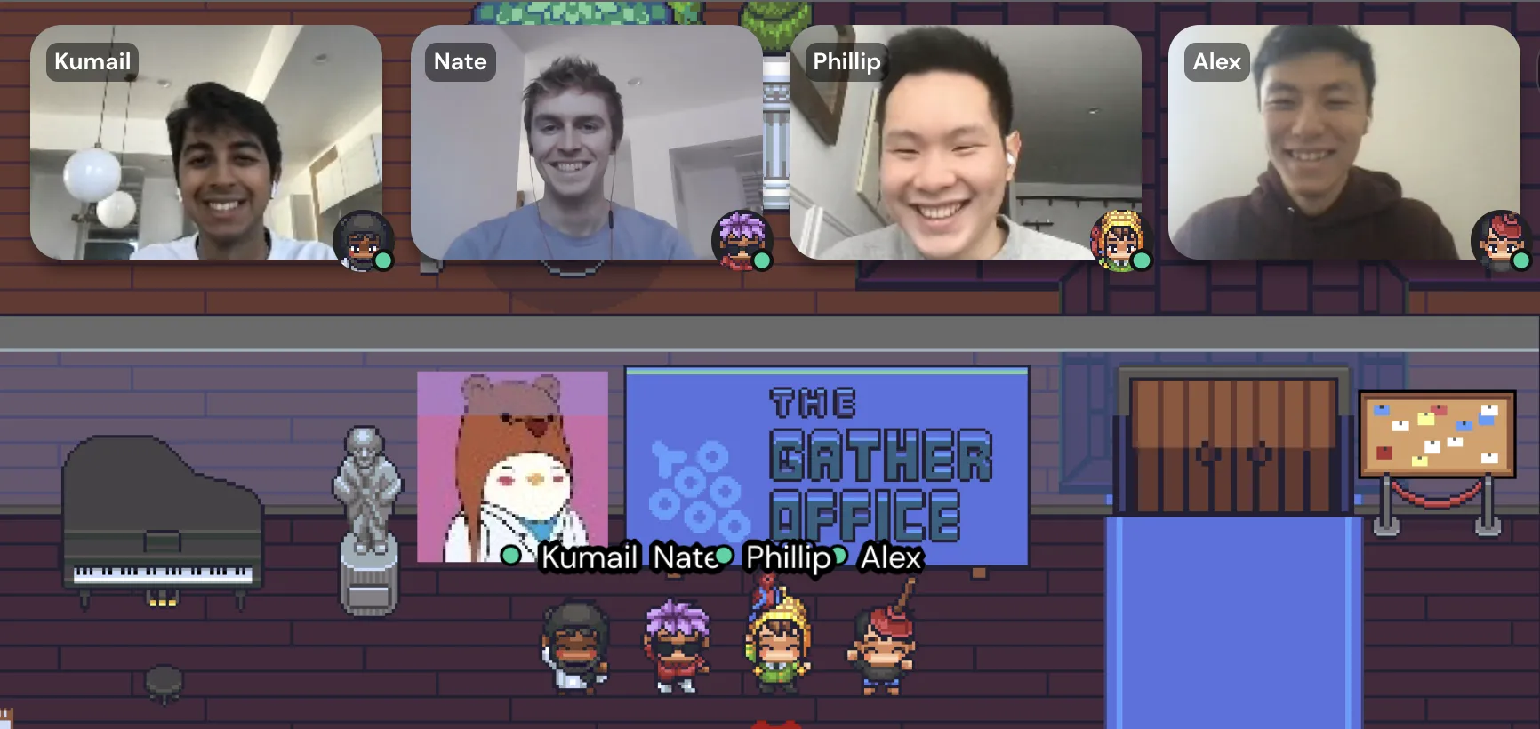 Gather’s co-founders meeting in their pixel-art virtual office with video windows visible